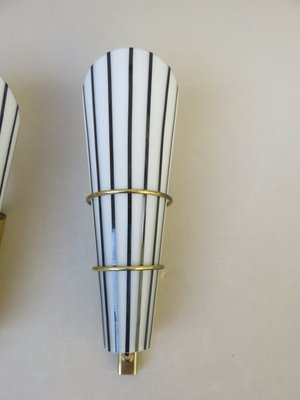 Italian Black and White Striped Enamel Glass and Brass Sconces, 1950s, Set of 4-EY-618636