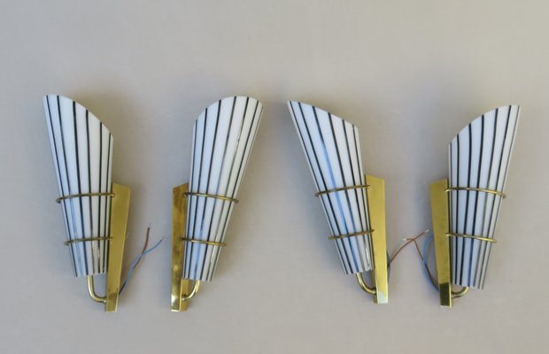 Italian Black and White Striped Enamel Glass and Brass Sconces, 1950s, Set of 4-EY-618636