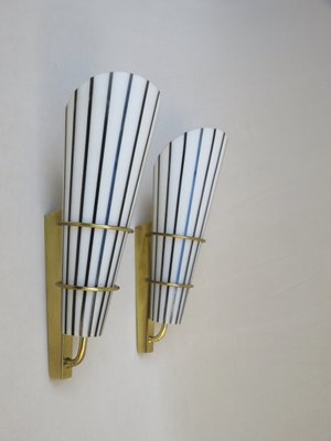 Italian Black and White Striped Enamel Glass and Brass Sconces, 1950s, Set of 4-EY-618636