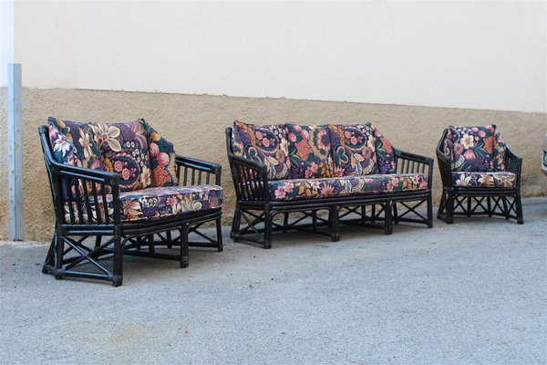 Italian Black Bamboo & Floral Fabric Lounge Chair from Vivai del Sud, 1970s-EH-695622