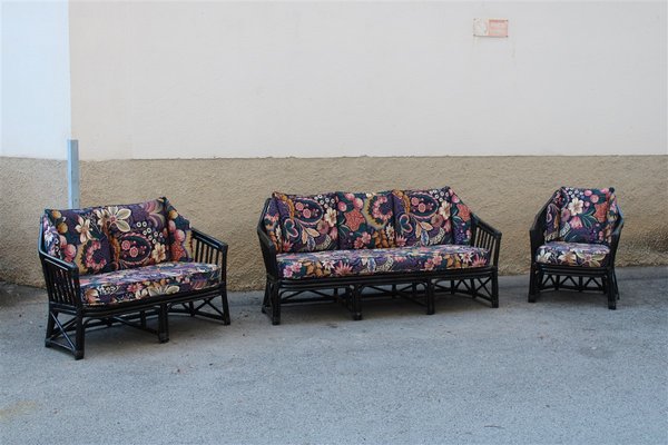 Italian Black Bamboo & Floral Fabric Lounge Chair from Vivai del Sud, 1970s-EH-695622