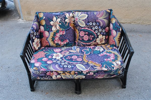 Italian Black Bamboo & Floral Fabric Sofa from Vivai del Sud, 1970s-EH-695624