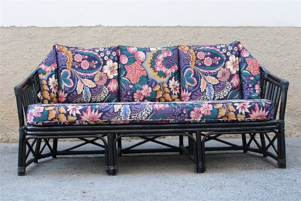 Italian Black Bamboo & Floral Fabric Sofa from Vivai del Sud, 1970s-EH-695623