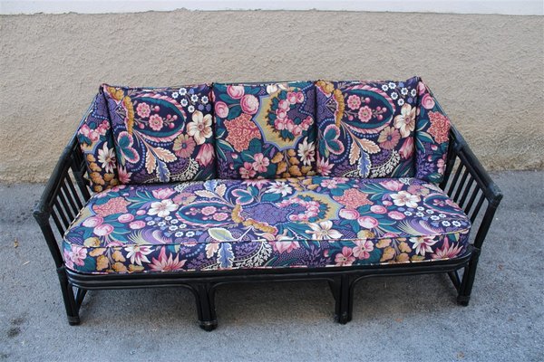 Italian Black Bamboo & Floral Fabric Sofa from Vivai del Sud, 1970s-EH-695623