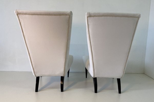 Italian Black Lacquered and White Velvet Armchairs, 1940s, Set of 2-FF-728670