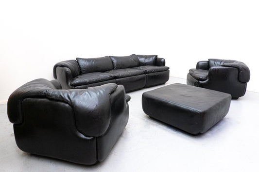 Italian Black Leather Confidential Sofa Set by Alberto Rosselli for Saporiti