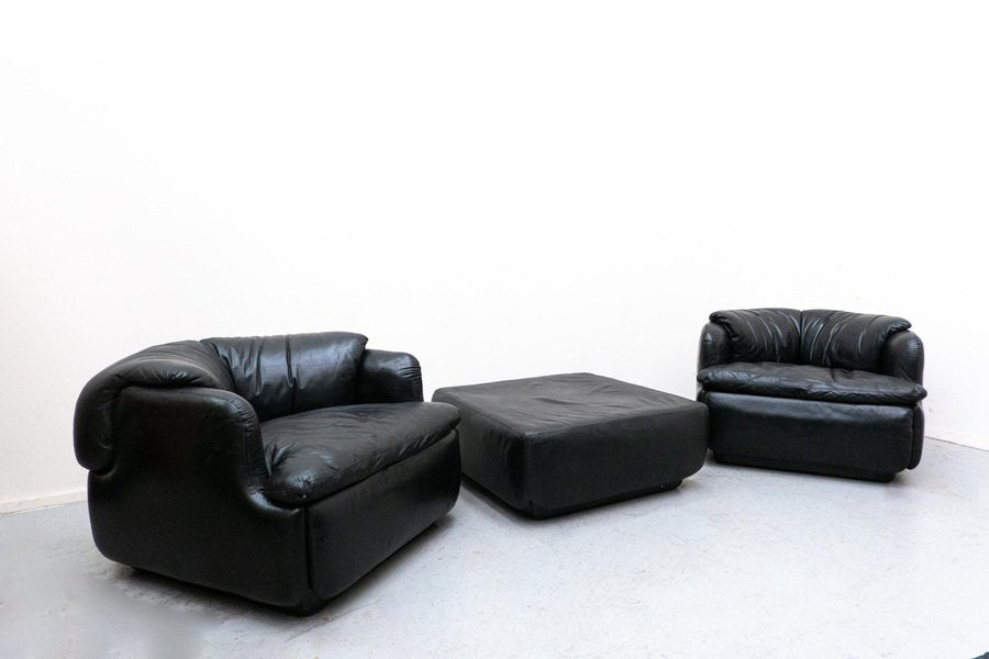 Italian Black Leather Confidential Sofa Set by Alberto Rosselli for Saporiti