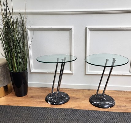 Italian Black Marble & Metal Side Tables or Nightstands with Glass Tops, 1990s, Set of 2-EUP-1405813