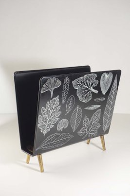 Italian Black & White Leaf Metal Magazine Rack by Piero Fornasetti, 1960s-KGD-2032172