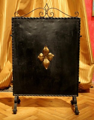 Italian Black Wrought Iron and Parcel-Gilt Freestanding Fireplace Screen-AXE-1433372