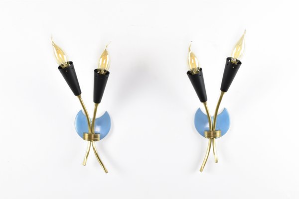 Italian Blue Brass Sconces, 1950s, Set of 2-GXL-1725826