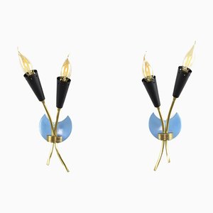 Italian Blue Brass Sconces, 1950s, Set of 2-GXL-1725826