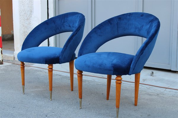 Italian Blue Cobalt Velvet, Maple & Brass Bedroom Chairs, 1950s, Set of 2-EH-1188157