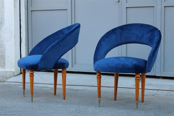 Italian Blue Cobalt Velvet, Maple & Brass Bedroom Chairs, 1950s, Set of 2-EH-1188157