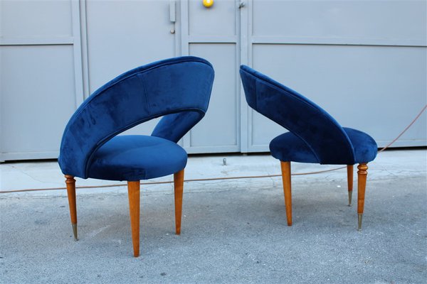 Italian Blue Cobalt Velvet, Maple & Brass Bedroom Chairs, 1950s, Set of 2-EH-1188157