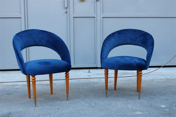 Italian Blue Cobalt Velvet, Maple & Brass Bedroom Chairs, 1950s, Set of 2-EH-1188157