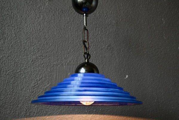 Italian Blue Glass Saucer Pendant Light, 1980s-AIU-2035919