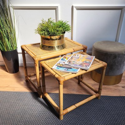 Italian Bohemian Bamboo and Rattan Nesting Tables, 1960s, Set of 2-EUP-1329668