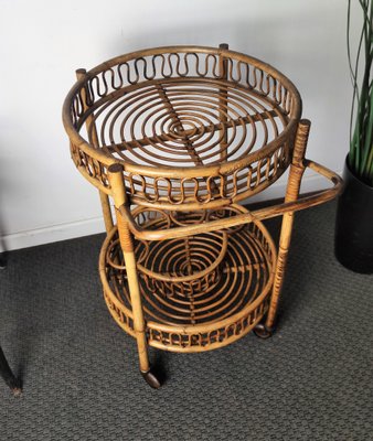 Italian Bohemian Bamboo Rattan Round Serving Bar Cart by Franco Albini, 1960s-EUP-1092720