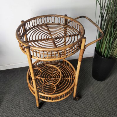 Italian Bohemian Bamboo Rattan Round Serving Bar Cart by Franco Albini, 1960s-EUP-1092720