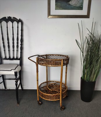 Italian Bohemian Bamboo Rattan Round Serving Bar Cart by Franco Albini, 1960s-EUP-1092720