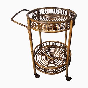 Italian Bohemian Bamboo Rattan Round Serving Bar Cart by Franco Albini, 1960s-EUP-1092720