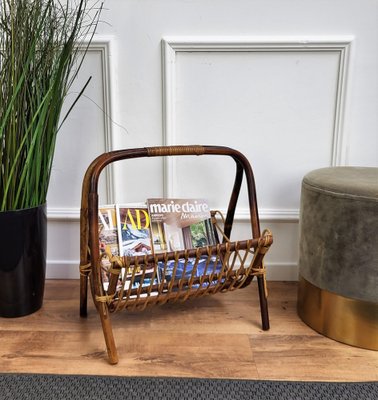 Italian Bohemian French Riviera Bamboo and Rattan Magazine Rack, 1960s-EUP-1342900