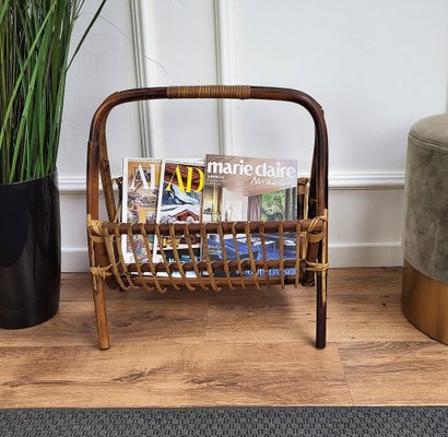 Italian Bohemian French Riviera Bamboo and Rattan Magazine Rack, 1960s-EUP-1342900