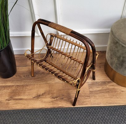 Italian Bohemian French Riviera Bamboo and Rattan Magazine Rack, 1960s-EUP-1342900