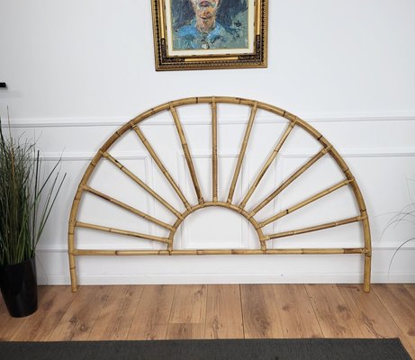 Italian Bohemian French Riviera Bamboo & Rattan Peacock Bed Frame Headboard in the style of Franco Albini, 1970s-EUP-1702960