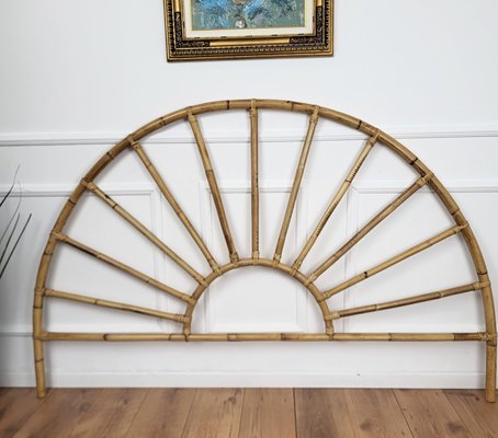 Italian Bohemian French Riviera Bamboo & Rattan Peacock Bed Frame Headboard in the style of Franco Albini, 1970s-EUP-1702960