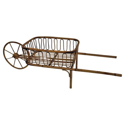 Italian Bohemian French Riviera Magazine Wheelbarrow in Bamboo and Rattan, 1960s-EUP-1329667