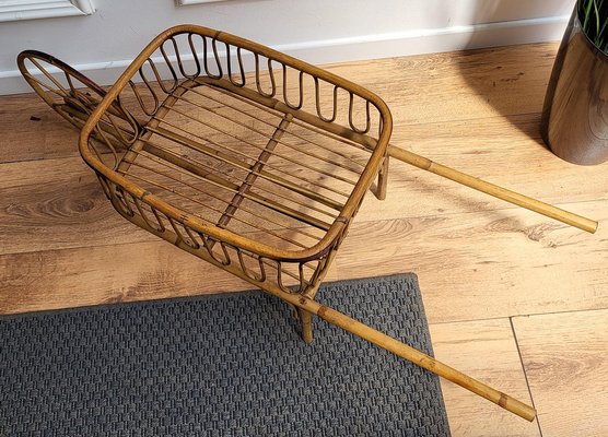 Italian Bohemian French Riviera Magazine Wheelbarrow in Bamboo and Rattan, 1960s-EUP-1329667