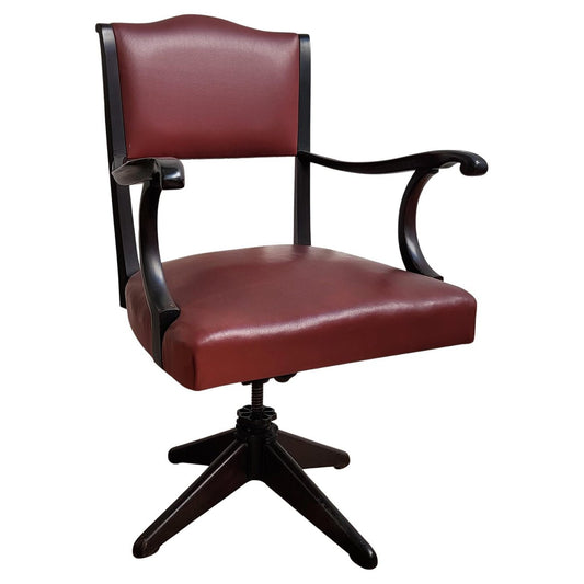 Italian Bordeaux Leather & Wood Open Arm Turning Chair