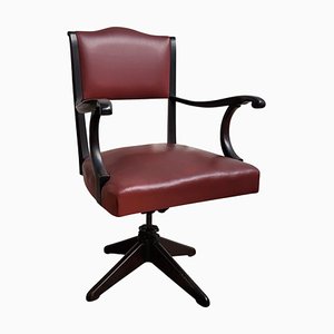 Italian Bordeaux Leather & Wood Open Arm Turning Chair-EUP-1292391