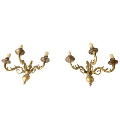 Italian Brass 3-Light Wall Lamps, 1950s, Set of 2-RAQ-370226