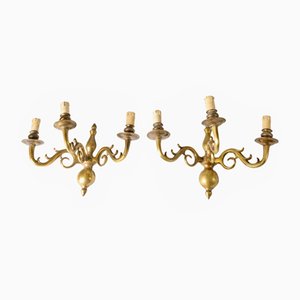 Italian Brass 3-Light Wall Lamps, 1950s, Set of 2-RAQ-370226