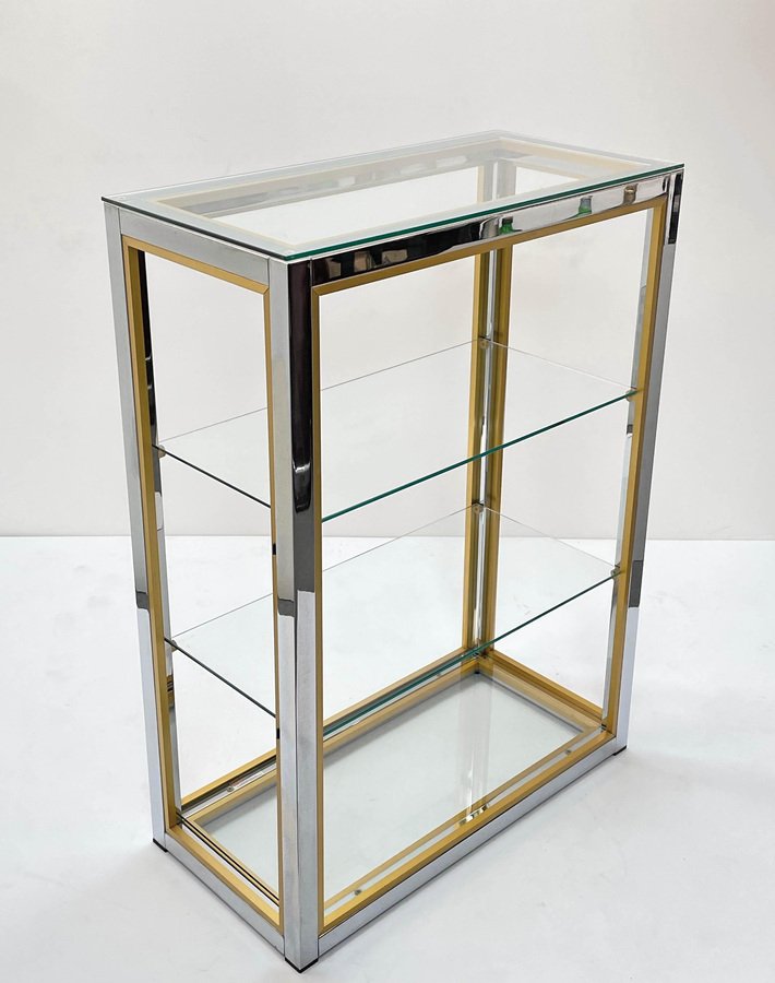 Italian Brass and Anodized Chrome Bookcase with Glass Shelves by Renato Zevi, 1970s