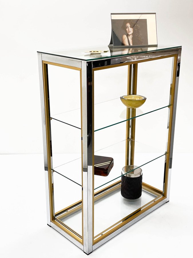 Italian Brass and Anodized Chrome Bookcase with Glass Shelves by Renato Zevi, 1970s