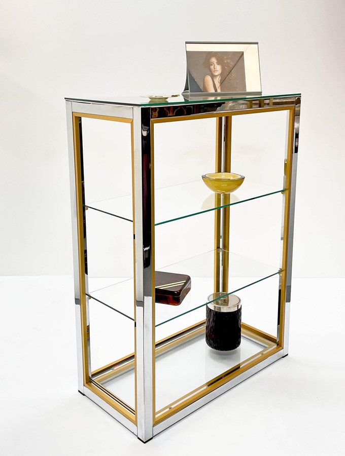 Italian Brass and Anodized Chrome Bookcase with Glass Shelves by Renato Zevi, 1970s