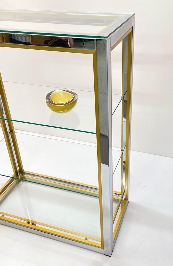 Italian Brass and Anodized Chrome Bookcase with Glass Shelves by Renato Zevi, 1970s