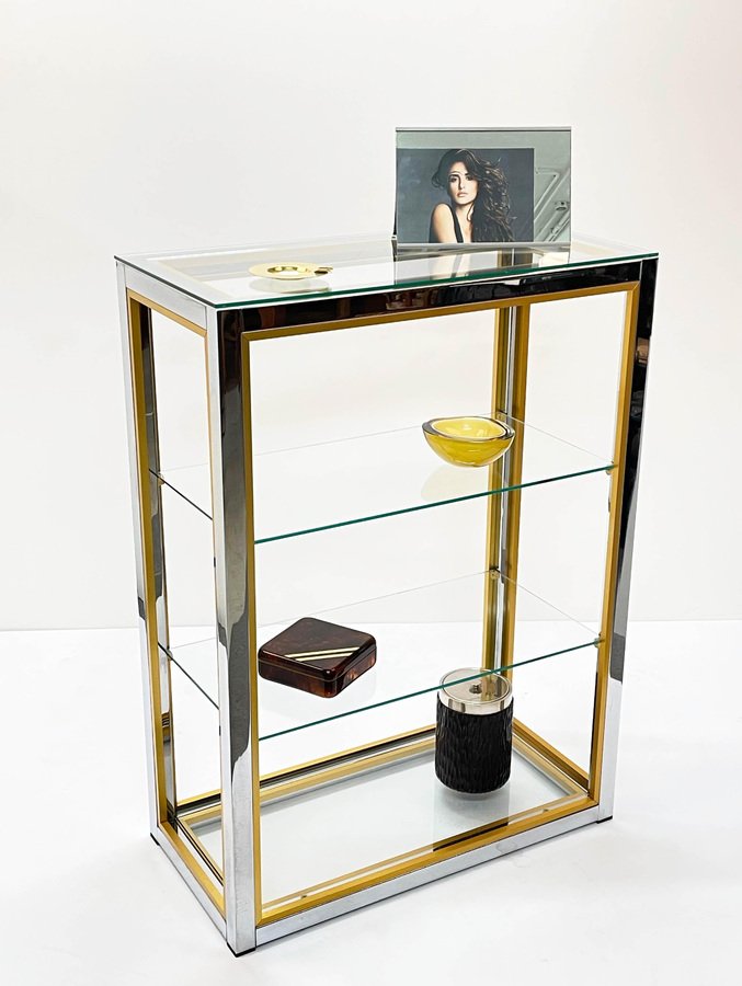 Italian Brass and Anodized Chrome Bookcase with Glass Shelves by Renato Zevi, 1970s