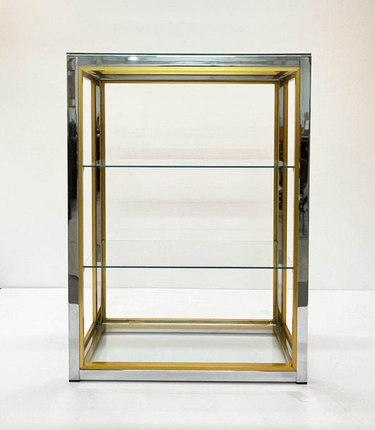 Italian Brass and Anodized Chrome Bookcase with Glass Shelves by Renato Zevi, 1970s