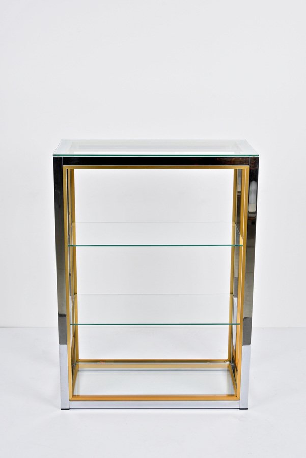 Italian Brass and Anodized Chrome Bookcase with Glass Shelves by Renato Zevi, 1970s