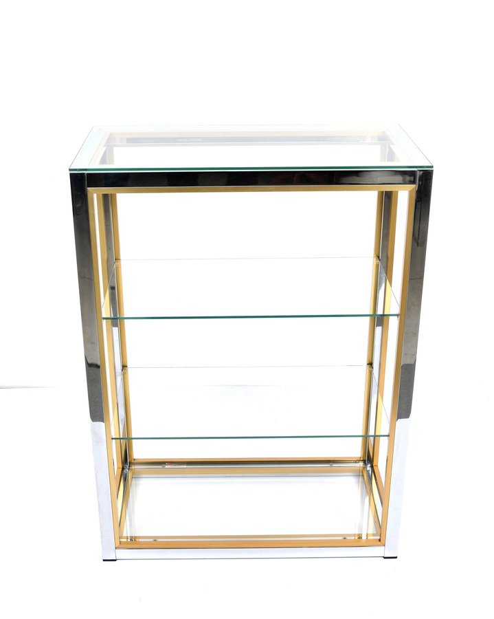 Italian Brass and Anodized Chrome Bookcase with Glass Shelves by Renato Zevi, 1970s