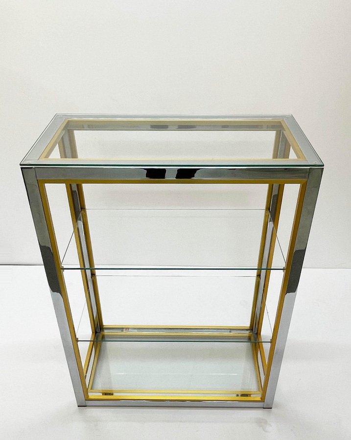 Italian Brass and Anodized Chrome Bookcase with Glass Shelves by Renato Zevi, 1970s