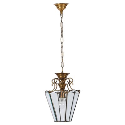 Italian Brass and Beveled Glass Hexagonal Chandelier in the style of Adolf Loos, 1950s-JDR-1393030