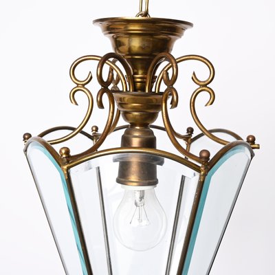 Italian Brass and Beveled Glass Hexagonal Chandelier in the style of Adolf Loos, 1950s-JDR-1393030