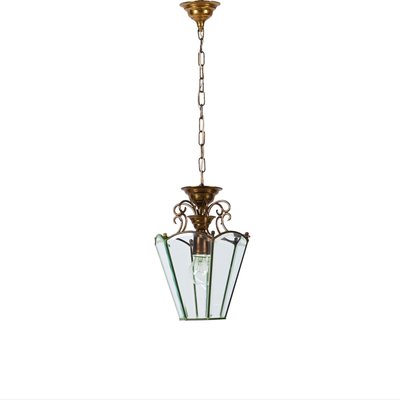 Italian Brass and Beveled Glass Hexagonal Chandelier in the style of Adolf Loos, 1950s-JDR-1393030