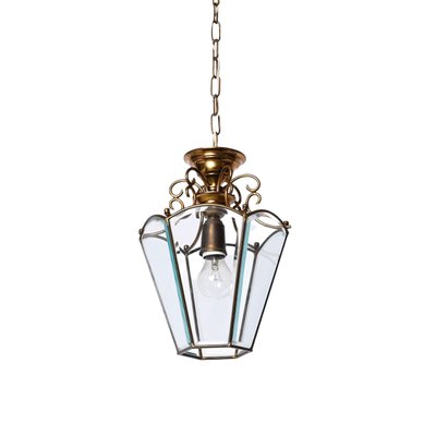 Italian Brass and Beveled Glass Hexagonal Chandelier in the style of Adolf Loos, 1950s-JDR-1393030